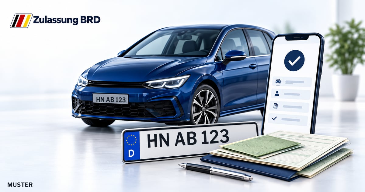 Online Fahrzeugzulassung in Obersulm: Musterkennzeichen HN AB 123, Auto und Fahrzeugpapiere und Smartphone. Illustration mit Logo von Zulassung BRD.